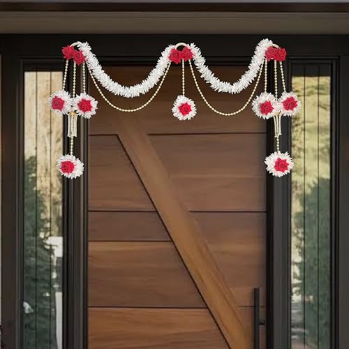Image of Rajasthan Kraft Beautiful Decorative Red Rose, White Gajra & Beads Toran (40 Inch) Perfect for Home, Festive, Wedding & Event Decoration