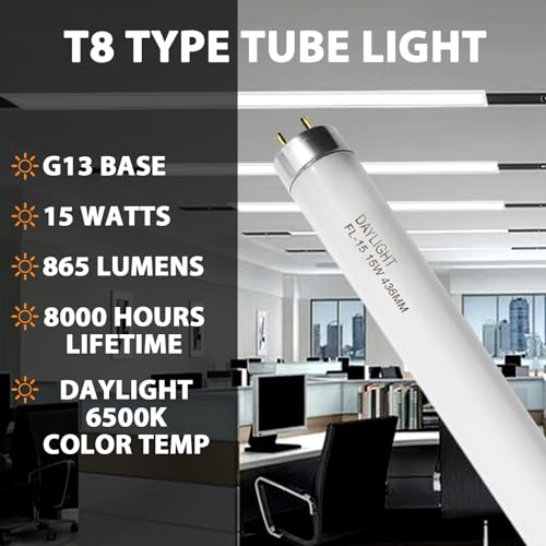 F15T8/DL 18 Inches T8 15 Watt Fluorescent Tube Compatible for Sylvania GE Eiko F15/T8/D Daylight 6500K G13 Bi-Pin Base 6 Count - image 3