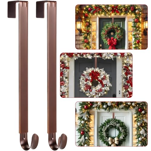Image of 2 Pack Wreath Hanger for Front Door, 20 lbs Christmas Wreath Door Hanger | Non Scratch Over the Door Hooks for Xmas Easter Halloween Fall Wreaths Decor Welcome Sign, Adjustable from 15 to 25 inch Hangers