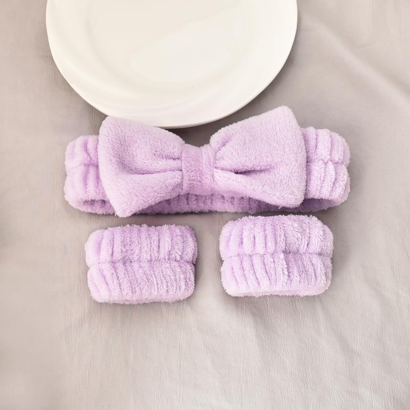 Bowknot Hair Bands for Skincare Headband and Wristband Set Washing Face Head Band Purple Makeup Hair Band and Wrist Band for Women Face Wash Arm Cuffs and Headband for Girls Skin Care Headbands 3Pcs - Image 3