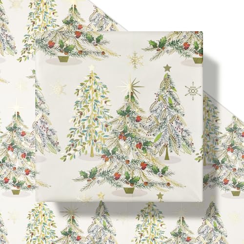 RUSEPEA Luxury Christmas Tree Wrapping Paper Roll, Mini Roll, Elegant Gold Foil Xmas Tree Gift Wrap Paper for Holiday Gifts, Party, DIY Crafts (17in x 16.4ft)