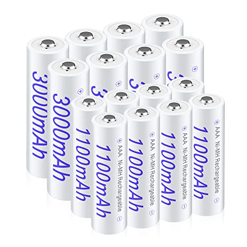 16 pilas recargables AA AAA – 1.2 V NIMH 3000 mAh AA recargables, paquete de 8 y pilas AAA de 1100 mAh, 8 unidades, alta capacidad, baja autodescarga (incluye funda de batería)