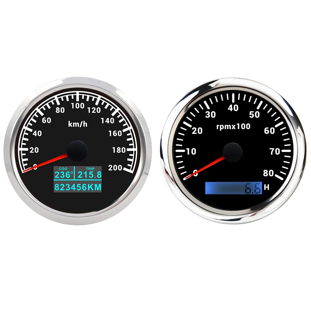 ELING Set di misuratori da 85 mm, 0-8000 giri/min, contagiri con tachimetro GPS da 0 a 200 km/h con contachilometri COG TRIP, 7 colori retroilluminati per corse automobilistiche