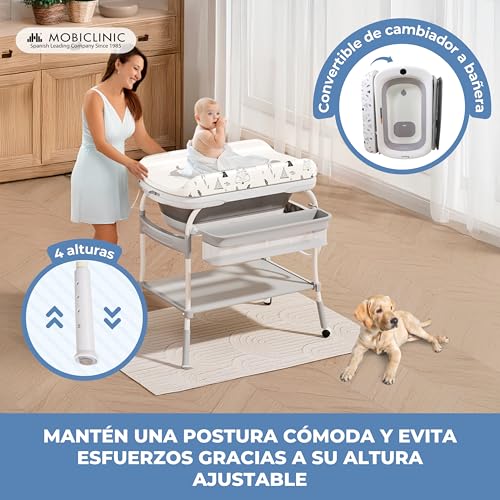 Miniatura 5 de Mobiclinic Kids, Cambiador De Bebés Con Bañera 2 En 1, Trendy, Ajustable 4 Alturas, Termómetro, Ruedas Freno, Cesta Almacenamiento, Hasta 50 Kg, Tubo Desagüe, 0-36 Meses