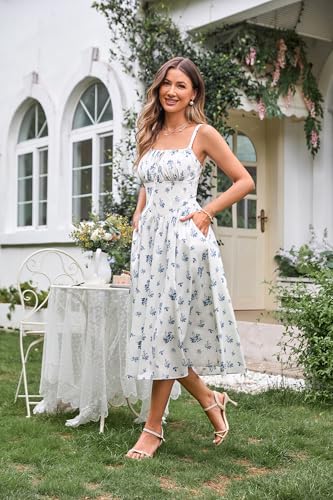 Image of Scarlet Darkness Women's Floral Corset Dress with Pockets for Summer Spring | Floral corset midi dress with adjustable straps, square neck, smocked back bodice, left zip, side pockets, flowy A-line hem