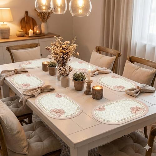 Image of YELONA Leather Dining Table Placemats Set of 6 - Waterproof, Heat Resistant, Anti-Slip, Easy to Clean Table Mats for Dining Table, Kitchen & Home Decor (Peach Fuzz, 40 x 30 cm)