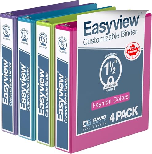Image of Easyview 3-Ring Binder, 1.5 inch Round Rings, Fashion Colors, 4 Pack | Heavy-duty binder, fits 8.5 inch x 11 inch paper, customizable clear-view cover, made in Canada, ideal for school or office use