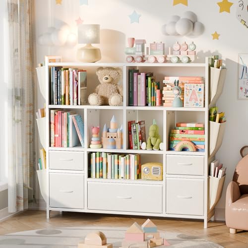 LATIBELL 47'' Kids Toy Storage Organizer with Drawers & Side Pockets，White