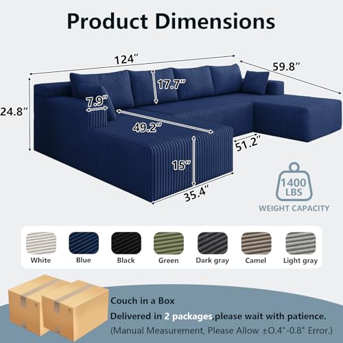 Image of 124 inch Boneless Cloud Sectional Couch Modular Sofa with Ottoman | Modern U-Shaped Couches, Comfy Corduroy Memory Foam Sofas with Oversized Chaise for Living Room (Blue, Left-Facing Chaise)