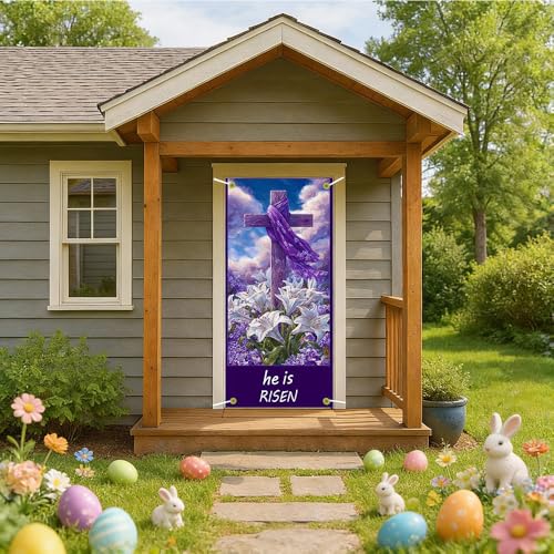 Image of Easter Door Cover He is Risen Cross Purple Lily Door Banner Scripture Easter Door Covers for Front Door Religious Easter Door Decorations 35x71 Inch