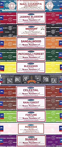 Satya Nag Champa Sunrise Sandalwood Midnight Patchouli Celestial Fortune Blessings Romance Super Hit Jasmine Blossom Rain forest Premium Assorted Incense Sticks 15g x 12 Pack