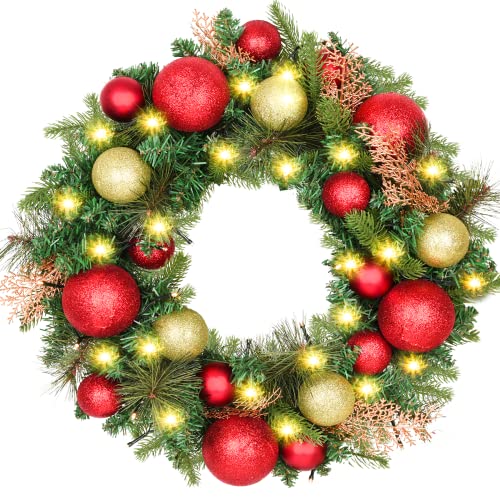 Couronne de Noel, Guirlande de Noël Artificielle Porte d entrée, Guirlande de Sapin Artificiel, Lumières Chaudes, Branches Givrées, Boules de Noël, Décorations de Fête de Noël (40cm)