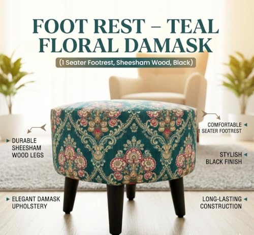Image of Foot Rest Ottoman Teal Floral Damask (1 Seater Footrest, Sheesham Wood, Black) Ottoman, Stool, Wooden Stool, Footrest, Pouffe, Seating Stool, Living Room Stool
