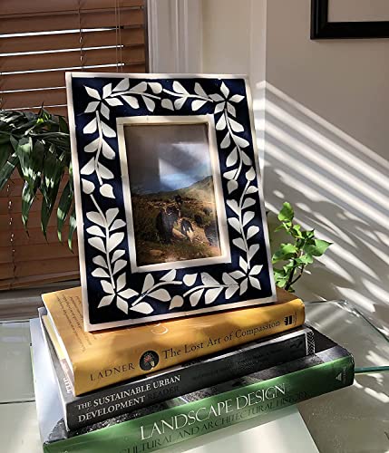 Bone Inlay Photo Picture Frame, Display Pictures 5X7, Wood Resin Photo Frame, Table Top Display, Vintage Wall Decor, Unique Gift Frames, Handmade Blue Black White Photo Frame (Black) #TOP2