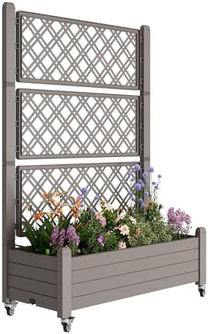 Fancyango Raised Garden Bed with Trellis and Wheels, Resin Plante...
