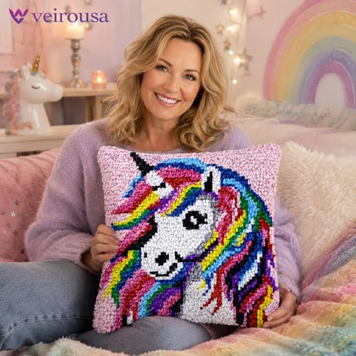 Image of Fantasy Unicorn Latch Hook Kits for Adults Kids, Beginners DIY Throw Pillow Kit Pre-printed Pillowcase Hook and Latch Rug Kits Cross-stitch Cushion Cover for Home Sofa Decor Gift Idea 17x17 inch