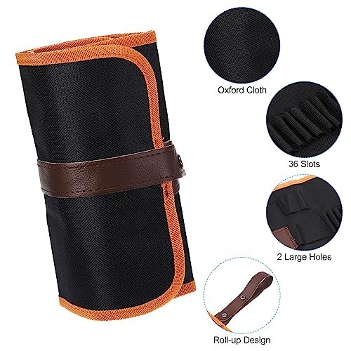 Image of PATIKIL Handmade 36 Slots Roll Up Pencil Case, Oxford Cloth Pencil Wrap Pouch Pen Holder Organizer for Artist Drawing Coloring Sketching, Orange /Black