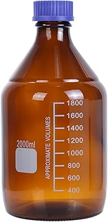 Moonetto One Piece 2 Liter Amber Borosilicate Glass Graduated Round 2000ml Lab Reagent Media/Storage Bottle With GL45 Blue Screw Cap