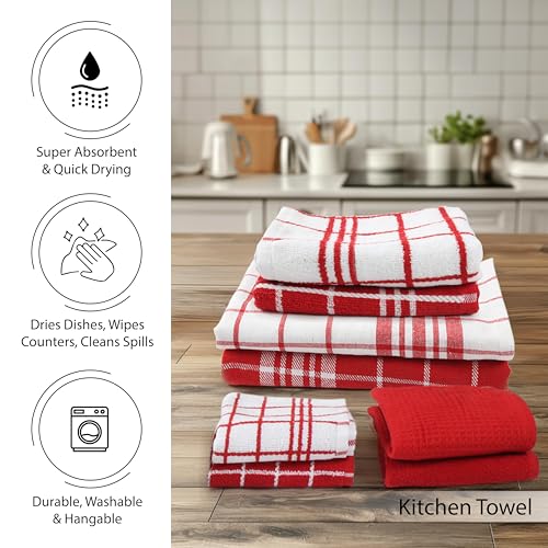 Image of Encasa XO Kitchen and Dish Towels - Oven Mitts - Pot Holder Set of 12 Pc - Pure Cotton - Dishcloths Red Combo