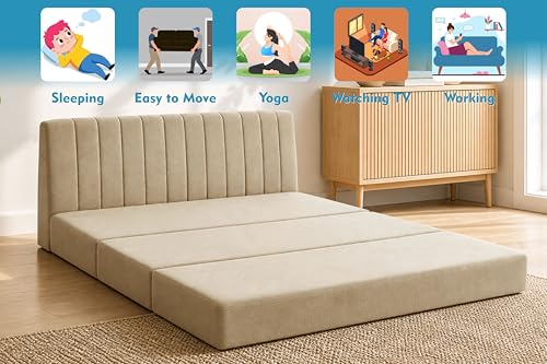Image of 3-Seater Foldable Floor Sofa Bed with, Modern Velvet Fabric Folding Couch for Living Room, Guest Room & Small Spaces-Golden