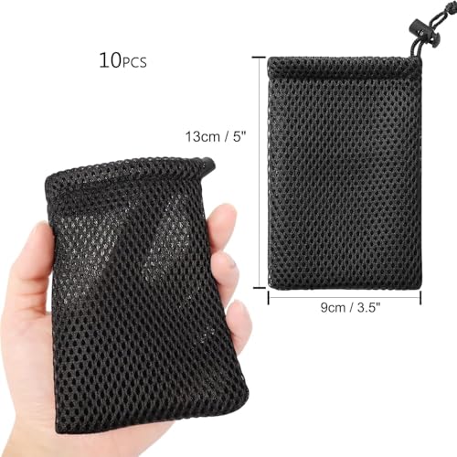 Nylon Mesh Drawstring Bag Black Pouches for Mini Stuff Cell Phone MP3 5.5 x 3.5 Inch Cord Lock Closure, 10Pcs Black2