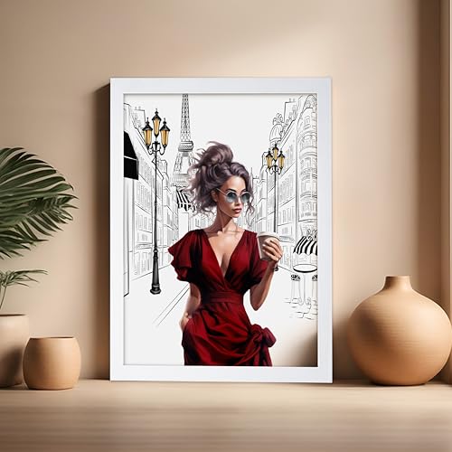Image of Poster Master Lady in Red Print - Fashion Poster - Paris Designer Art - Modern Wall Design - Chic Gift for Women & Fashionista - Glam Decor for Bedroom or Girl's Room - 16x20 White Framed