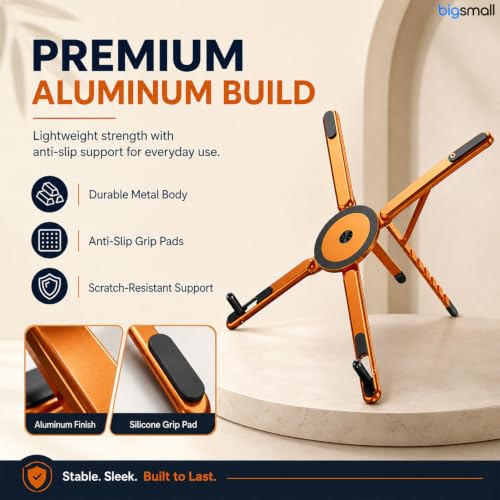 Image of Bigsmall Adjustable Foldable Laptop Stand with Magnetic Phone Holder - Anti-Slip Aluminium Alloy Stand for Laptop, Tablet & Mobile (4-16 Inch Compatible, Portable & Lightweight) (Orange Pack of 1)