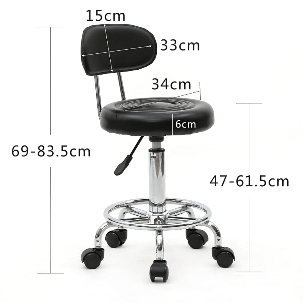 Taburete con Ruedas, Taburete Ergonómico con Respaldo, Giro de 360 Grados, Altura Ajustable de 48 a 58 cm para Oficina, Salón, Bar, SPA (1, Negro)