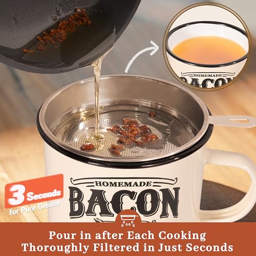 Image of Ayerphalo Bacon Grease Container with Strainer - With Food-Grade Silicone Spatula, 24oz Enamel Rustic Farmhouse Fat Container, Keeper, Recipes, Dishwasher Safe (Pack of 2)