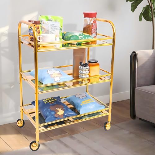 villertech Gold 3 Tier Rolling Cart,Side Table with Wheels, Stainless Steel Trolley cart,End Table Living Room Coffee, Snack, and Bar, Easy Assembly Organizer Storage