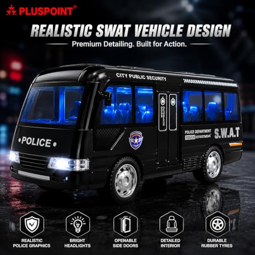 Image of PLUSPOINT Police Bus Toy for Kids | Friction Powered Push & Go Rescue Vehicle with Lights & Sounds | Durable Pretend Play Police Bus for Boys, Girls & Toddlers