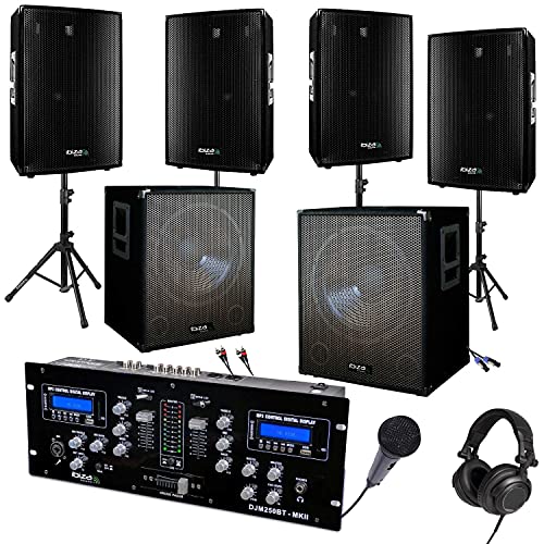 IBIZA SOUND LIGHT Pack Sono MEGAS BASSES 4400W avec 4 Enceintes 2800w Total - 2 Caissons 1600w Total - 1 Table de Mixage DJM250-BT USB BLUETOOTH - 4 Pieds -...