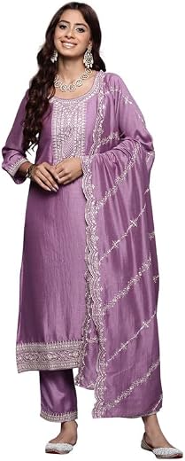 INDO ERA Women's Embroidered Silk Blend Calf Length Straight Kurta Pant With Dupatta (Kh9Sg7476)