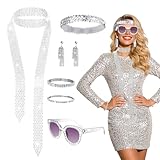 HGRGHH 6 piezas accesorios discoteca, disfraz discoteca años 70 y 80 con lentejuelas, pendientes, banda, pedrería, pulsera, bufanda, gafas de sol para disco años 70 mujer disfraces cosplay, carnaval
