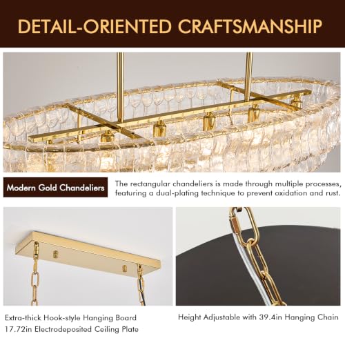 Arziheg 39in Large Chandelier Gold, Modern Dining Room Light Fixtures, 3 Layer Luxury Glass Chandelier 6 Light Rectangular Chandeliers for Dining Room Kitchen Island Living Room (Clear Glass) by Arziheg - Used condition - Image 8