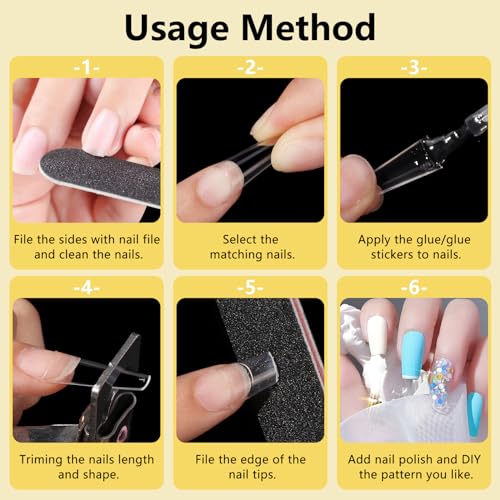 Yokilly 1000PCS Coffin Nail Tips and Glue, Clear Natural False Acrylic Nail Tips, Half Cover 10 Sizes French Artificial Nail Tips Manicure with Nail Clipper, Nail Files and Glue for Dip Powder