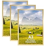 Hoikwo A3 Picture Frame Pack of 3, Gold Poster Frame for Wall Hanging, A3 Photo Frame for Home and Gallery Displays, Horizontal or Vertical (29.7x42cm)