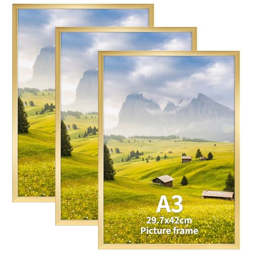 Hoikwo Juego de 3 Marco A3, Marcos de PVC Dorado de A3 cm para Pared, Adecuados para Títulos Universitarios, Pósters, Fotografías, Rompecabezas y Documentos Enmarcados