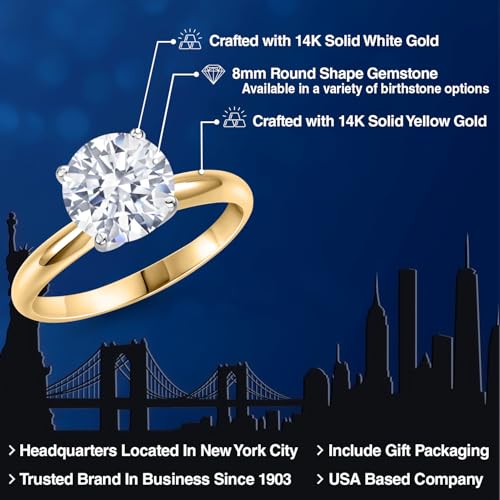 Gem Stone King 14K Yellow and White Gold Solitaire Engagement Ring for Women | Gemstone Birthstone | Round 8MM| Wedding Anniversary Promise Gold Ring For Women | Size 5 to 92