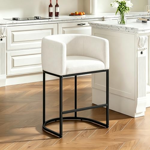 Image of 26 inch H Counter Height Bar Stools Set of 1, Modern Barrel Counter Stools with Backrest and Arms, Linen Fabric Upholstered Accent Barstools for Kitchen Island,Support 450 LBS (White)