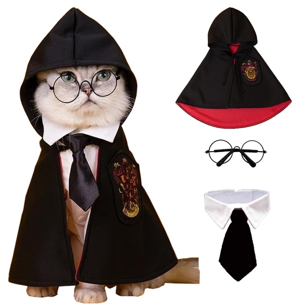 FDTY3PCS Academy Puppy Dog Costume Halloween Cat Witch/Wizard Cape Glasses and Tie Set Pet Magician Cosplay Apparel (Large)