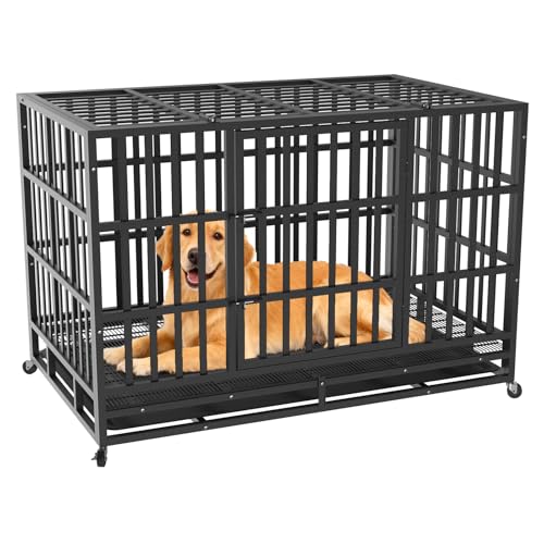 HIWOKK 48 Inch Heavy Duty Indestructible Dog Crate Steel Escape Proof, Indoor Double Door High Anxiety Cage, Kennel with Wheels, Removable Tray, Extra Large XL XXL