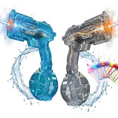 BSTHOK Electric Water Guns Water Blaster 2-Pack, Automatic High-Capacity Water Rifle with Drum Magazine & Red Dot Sight, Transparent Pro Squirt Guns for Summer Outdoor Pool Beach Yard Swimming Party