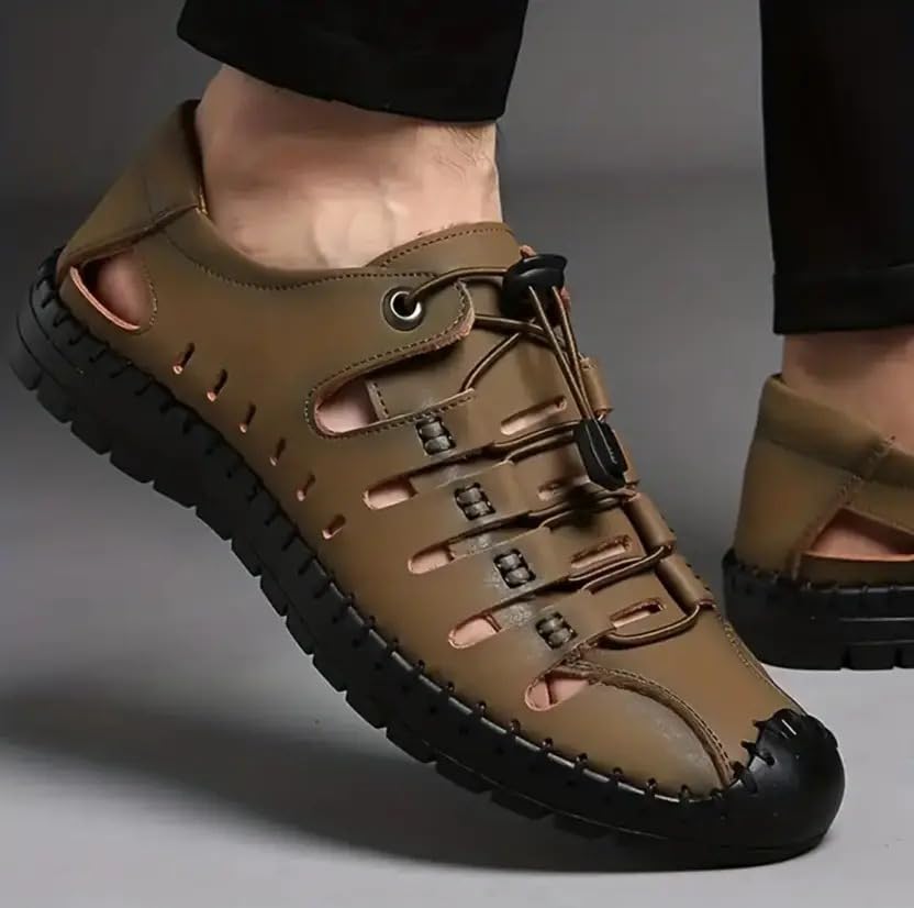 Image of Robbie jones Men's Casual Breathable Lace-up Sandals, Black, Comfort Walking Shoes