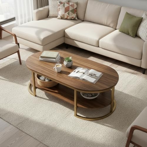 Image of RIZIK Stores Coffee Table - Modern 2-Tier Center Table with Engineered Wooden Top & Metal Frame, Living Room Sofa Table, Elegant Cocktail Table for Home, Office, Dining (Brown Gold)