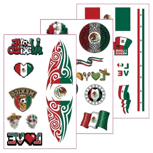 Mexico Temporary Tattoos Mexican Flag Face Stickers Green White Red Patriotic Body Tattoos Sugar Skull Cactus Face Decals for 2026 World Cup Cinco de Mayo Party Supplies