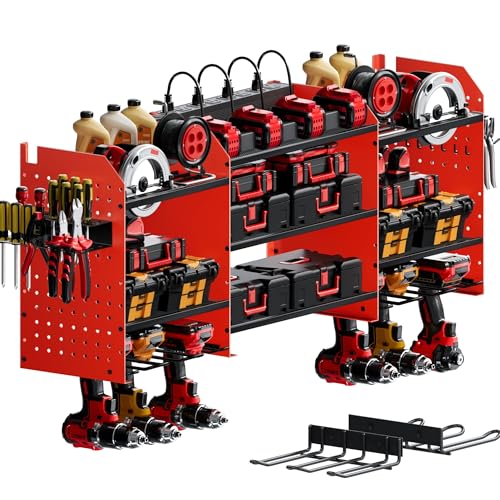 WIWIDRM Upgrade Large Power Tool Organizer Wall Mount with Charging Station Tool Storage Rack with 6.5FT Power Strip 10 Drill Holder and Storage Rack for Garage Organization