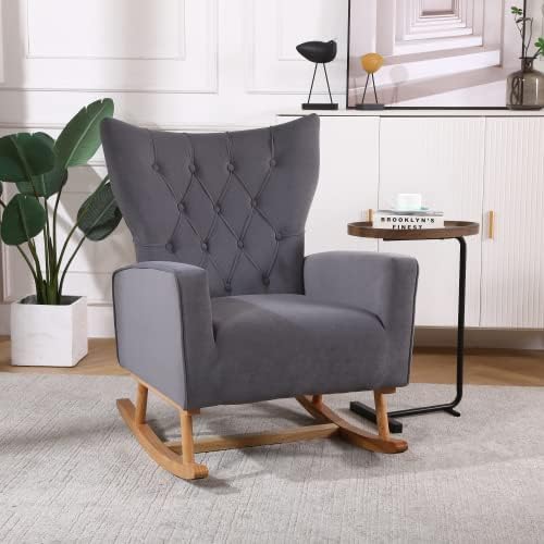 Miniatura 9 de Mecedora tapizada de terciopelo, asiento acolchado con respaldo alto, silla auxiliar cómoda para sala de estar, dormitorio, oficinas (negro)