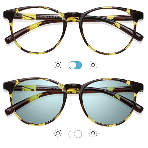 Image of YEIN Blue Light Blocking Glasses, Spring Hinge Photochromic Gray Sunglasses, Computer Reading Glasses, Gaming Glasses, TV Glasses for Women Men(Tortoise,+0.00 Magnification)