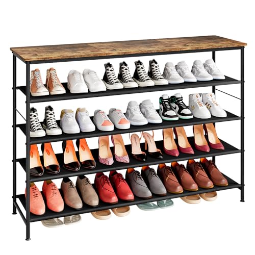 Image of INGIORDAR Shoe Rack Organizer 5 Tier Metal Organizer Shelf with Industrial MDF Board and Layer Fabric for Entryway Closet Bedroom Living Room Garage (Black+Rustic Brown, 5 Tier(47.2 inch W))